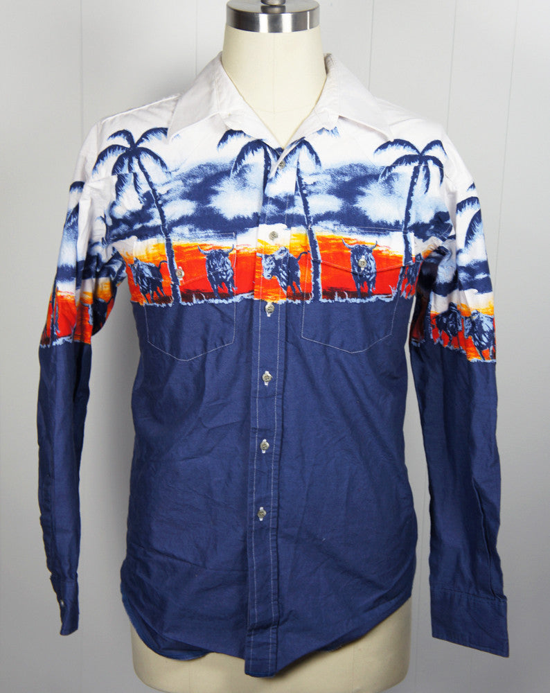 Button Up Western Shirt w/ Longhorn Steer & Palm Trees - Size L
