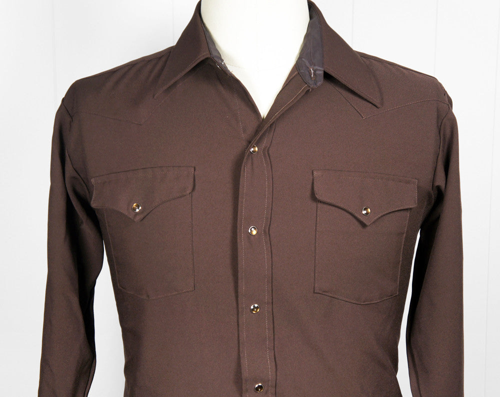 1970's Brown Polyester Western Pearl Snap Shirt - Size L