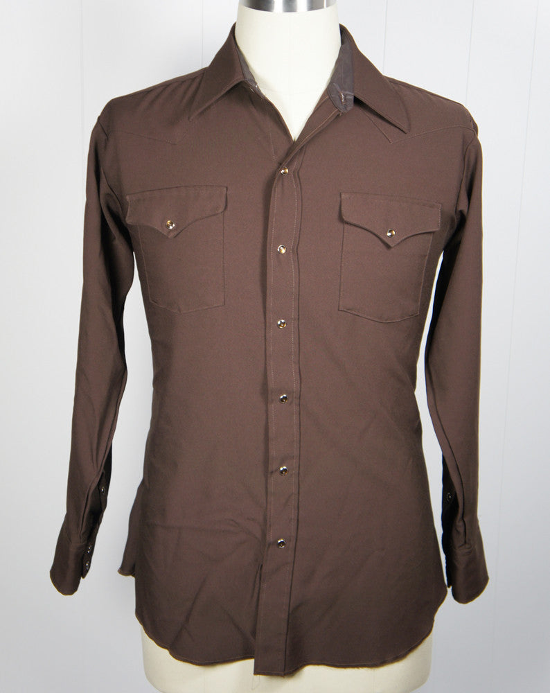 1970's Brown Polyester Western Pearl Snap Shirt - Size L