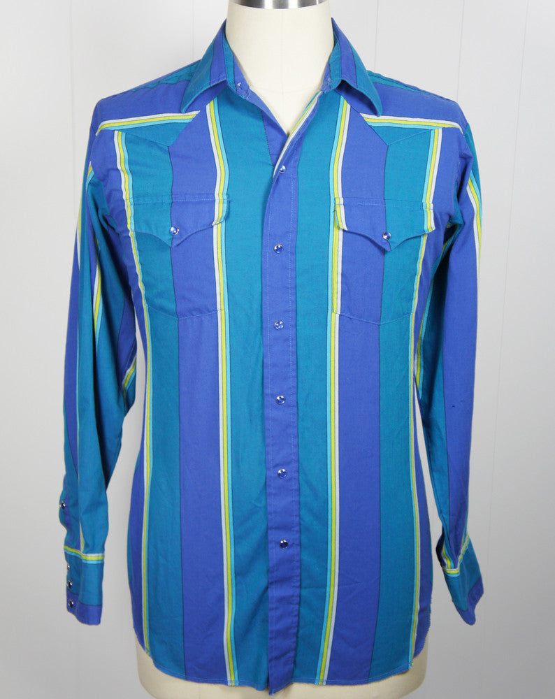 Blue & Bright Green Striped Western Pearl Snap Shirt - Size L