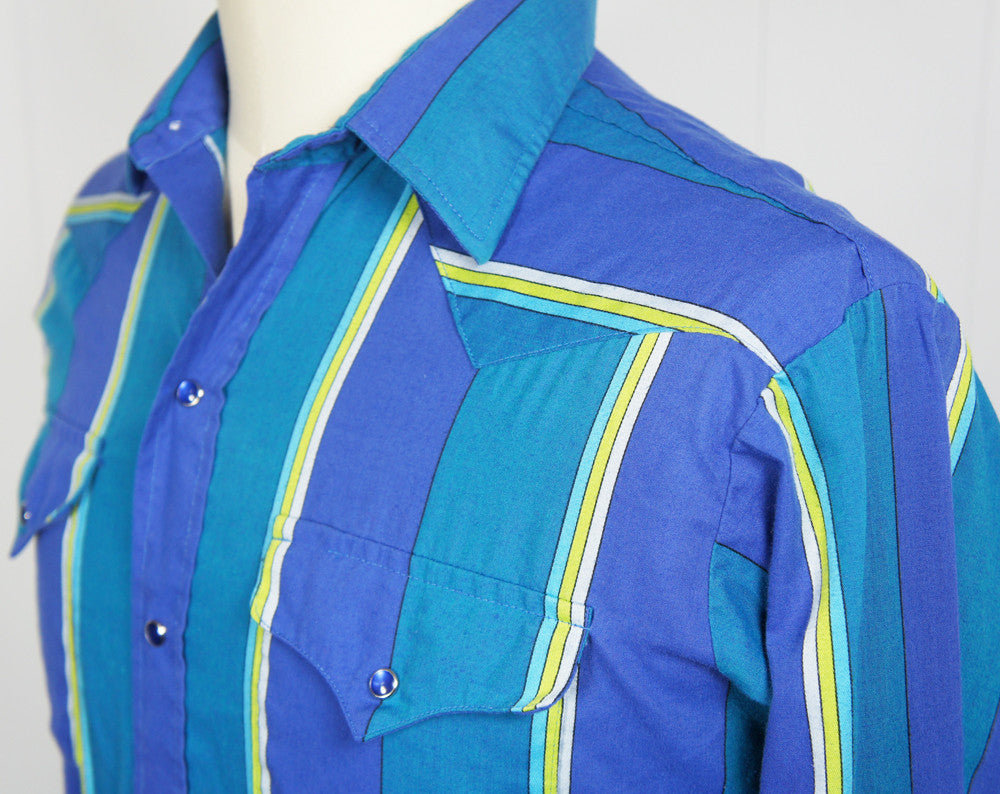 Blue & Bright Green Striped Western Pearl Snap Shirt - Size L