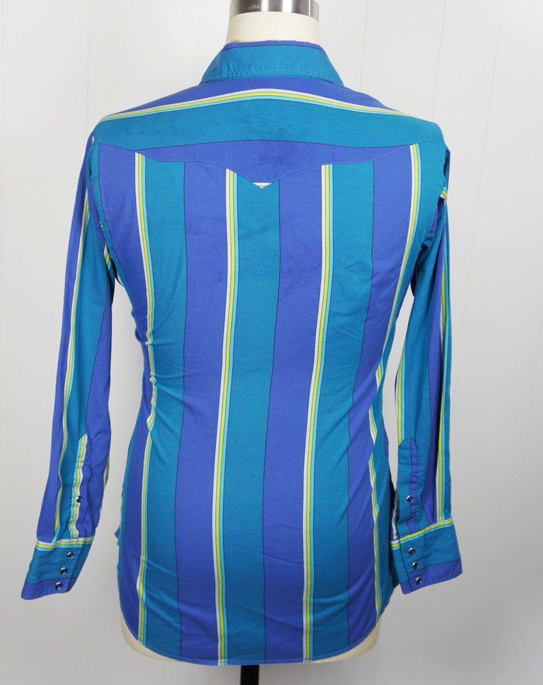 Blue & Bright Green Striped Western Pearl Snap Shirt - Size L
