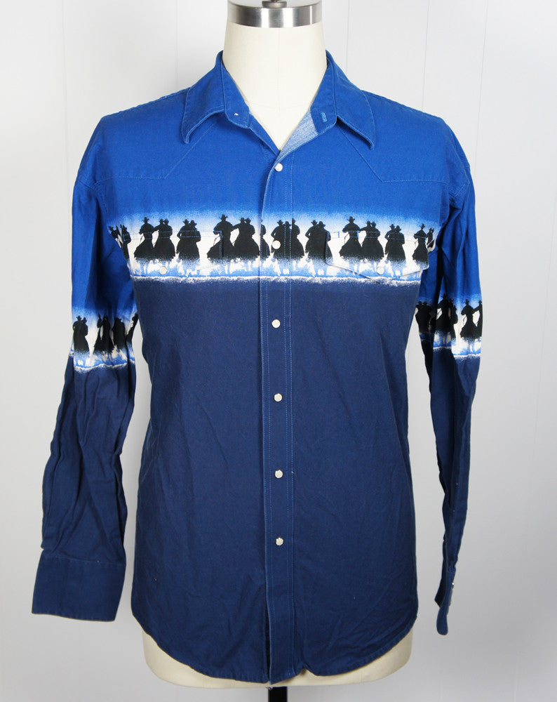 Blue Western Pearl Snap Shirt w/ Cowboys - Size XL