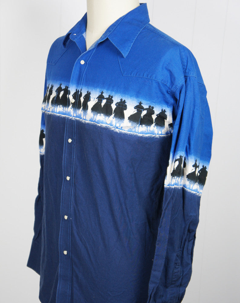 Blue Western Pearl Snap Shirt w/ Cowboys - Size XL