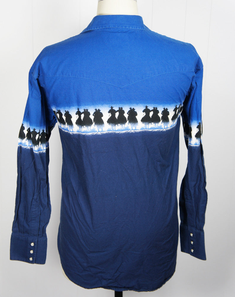 Blue Western Pearl Snap Shirt w/ Cowboys - Size XL