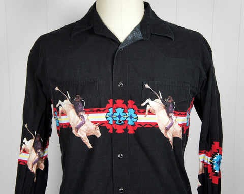 Black Western Pearl Snap Shirt w/ Bullrider - Size L