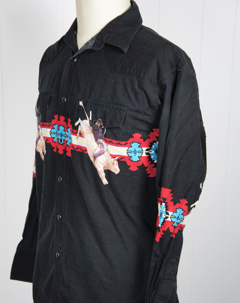 Black Western Pearl Snap Shirt w/ Bullrider - Size L