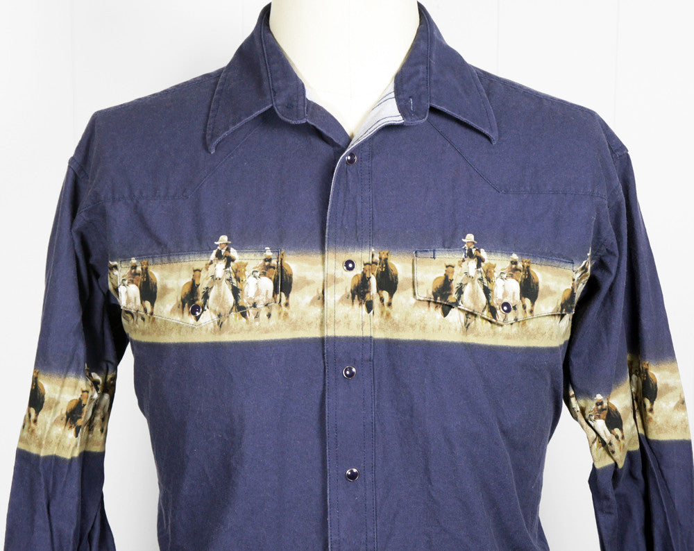 Blue Western Pearl Snap Shirt w/ Cowboys & Horses - Size L