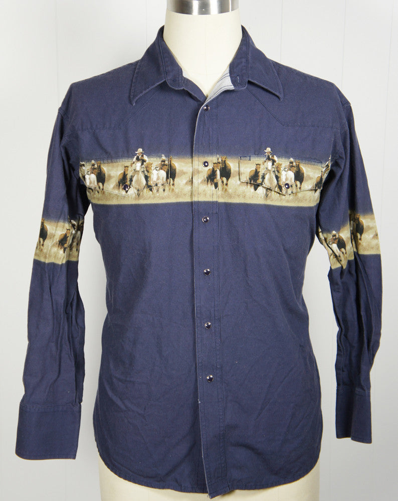 Blue Western Pearl Snap Shirt w/ Cowboys & Horses - Size L