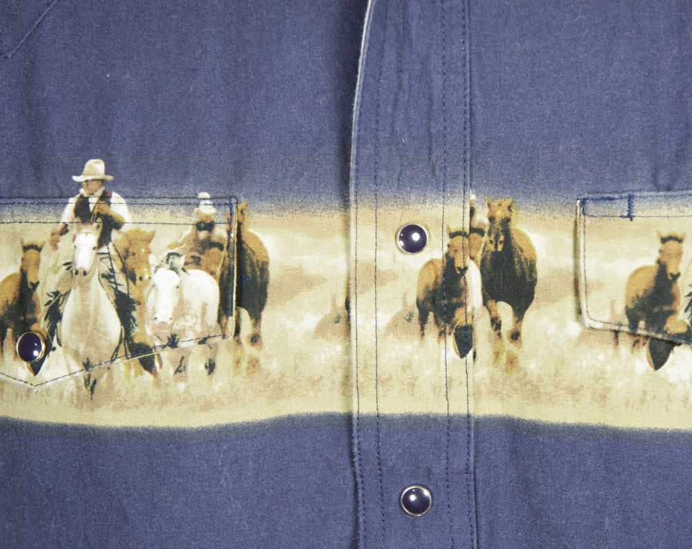 Blue Western Pearl Snap Shirt w/ Cowboys & Horses - Size L