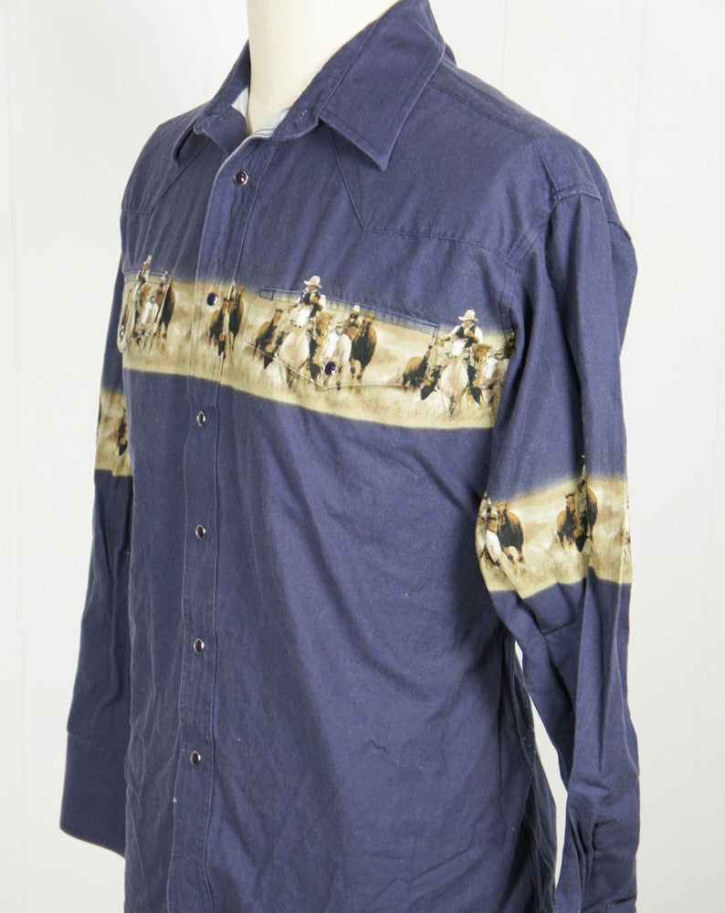 Blue Western Pearl Snap Shirt w/ Cowboys & Horses - Size L