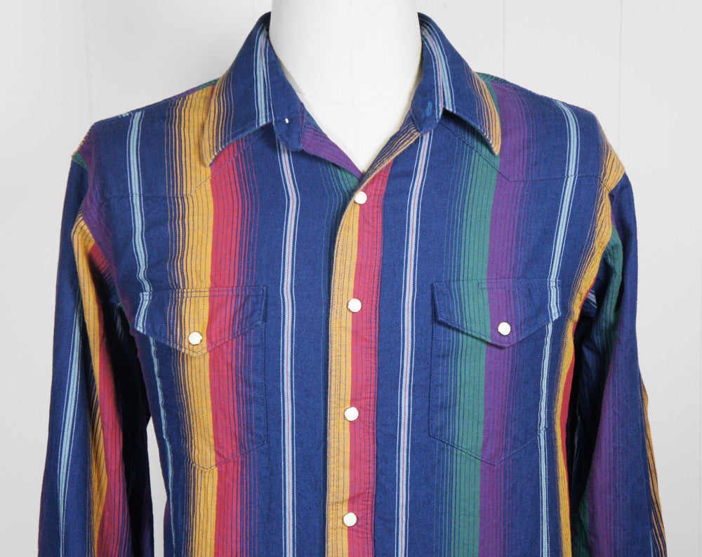 Rainbow Striped Western Pearl Snap Shirt - Size XL