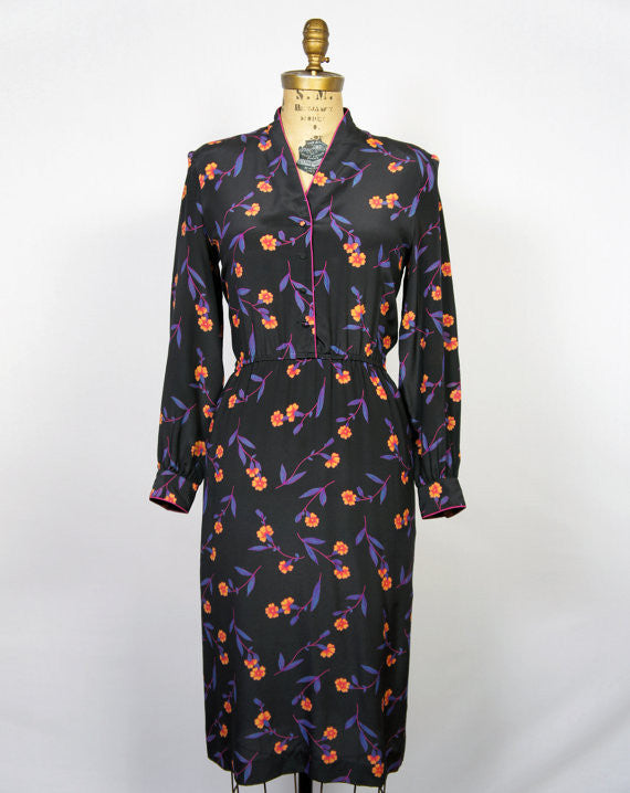1980's Romantic Floral Black Dress - Size L