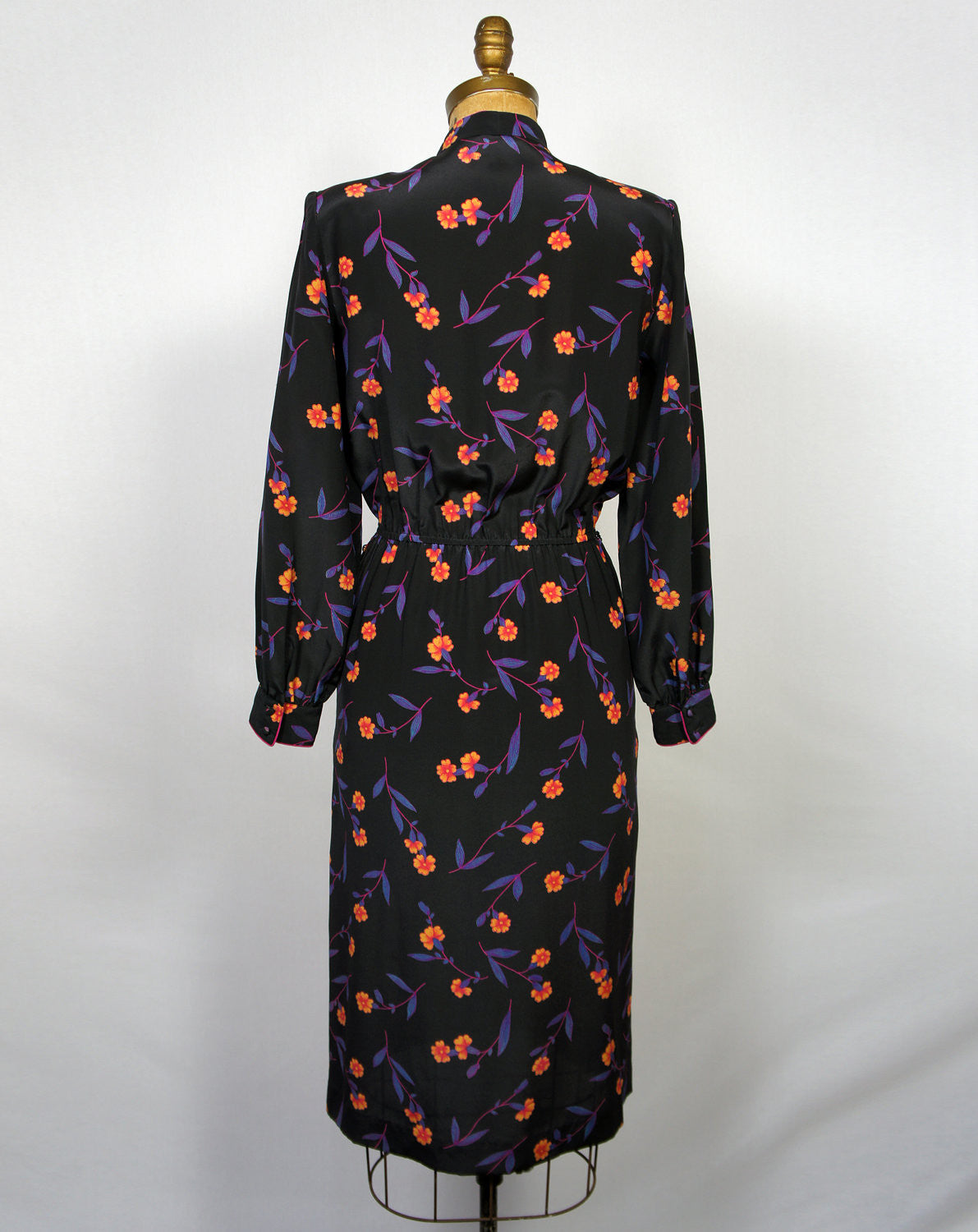 1980's Romantic Floral Black Dress - Size L