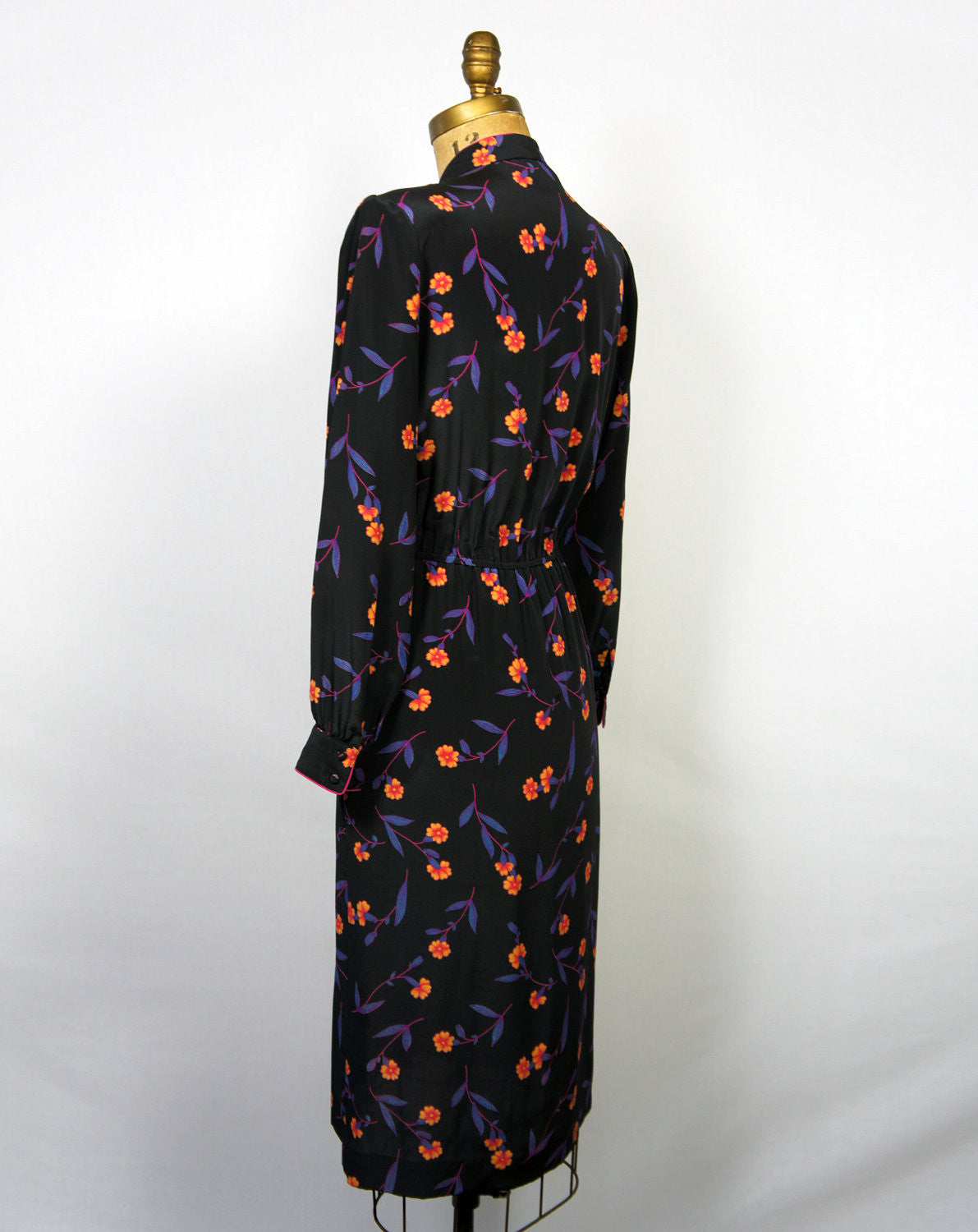 1980's Romantic Floral Black Dress - Size L