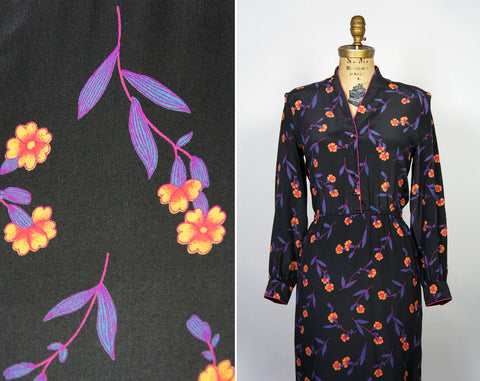 1980's Romantic Floral Black Dress - Size L