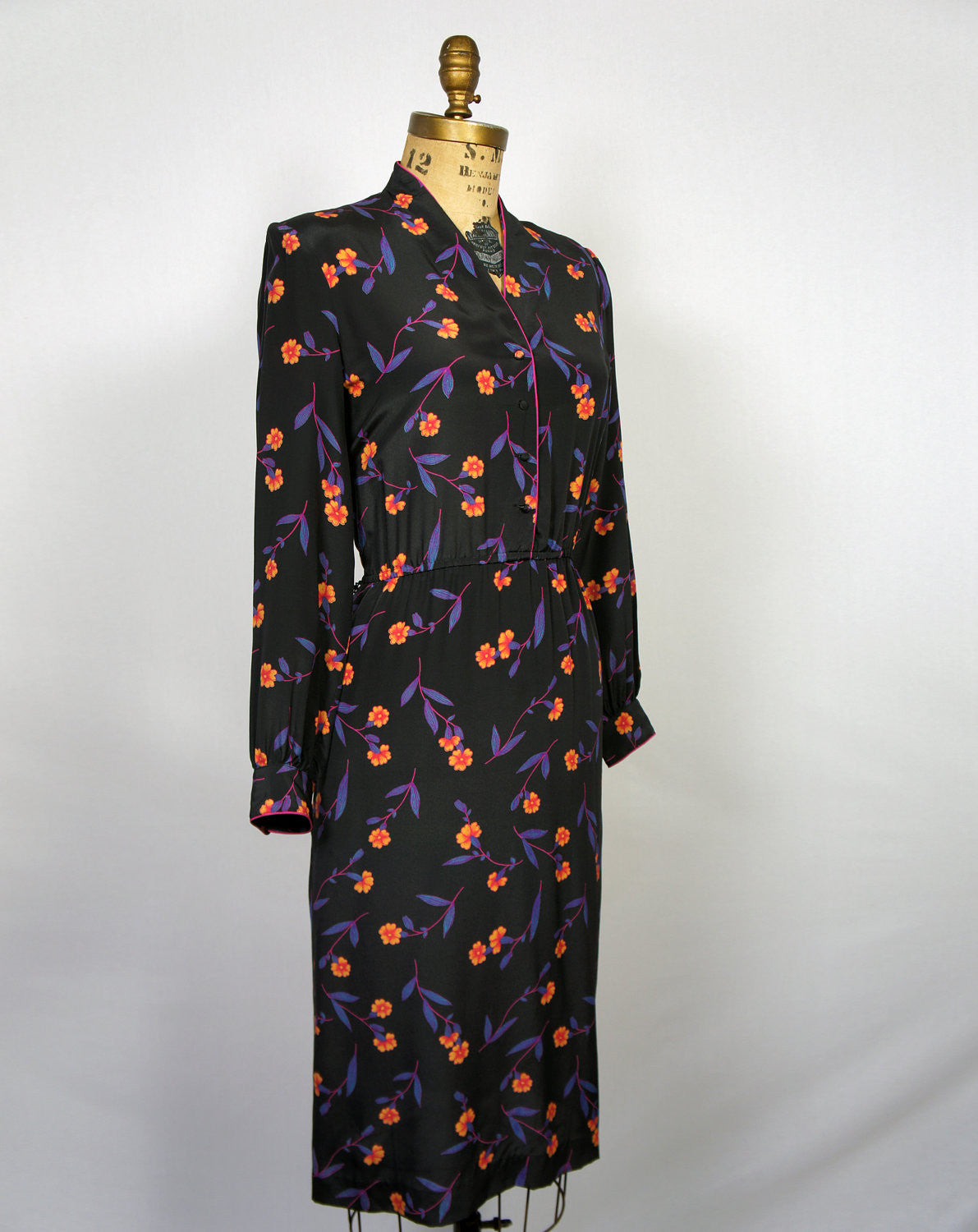 1980's Romantic Floral Black Dress - Size L