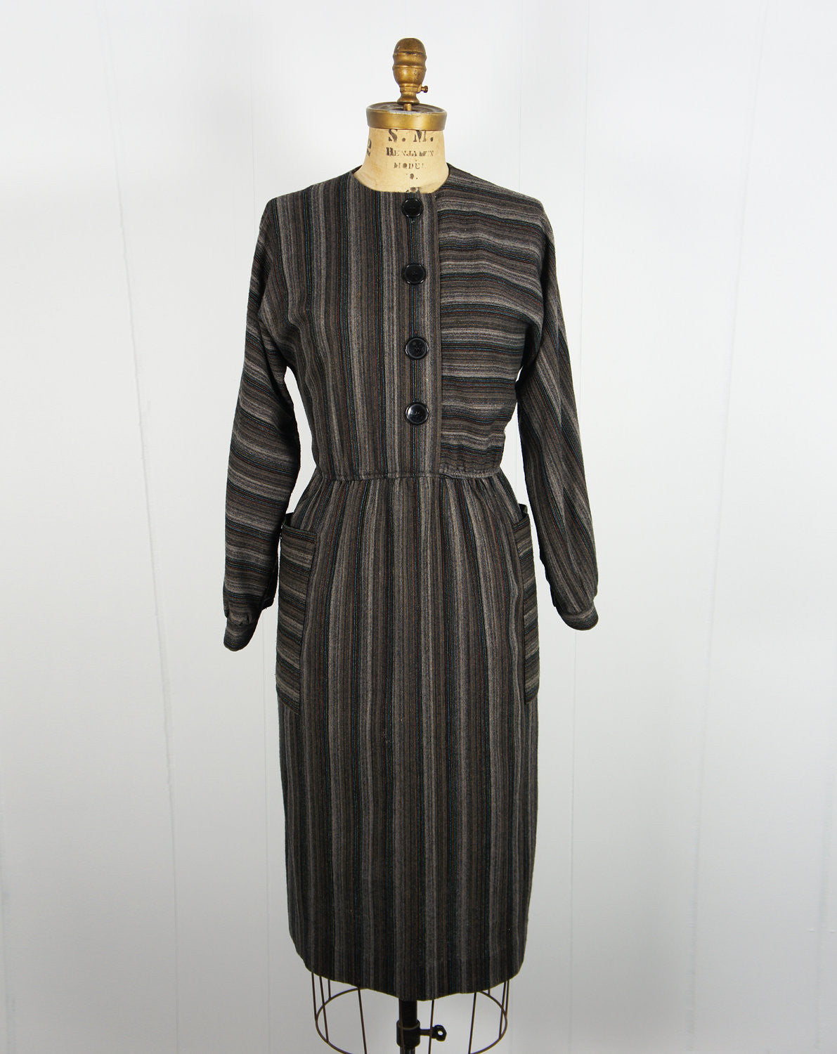 1970's Rainbow Striped Winter Secretary Dress - Size S
