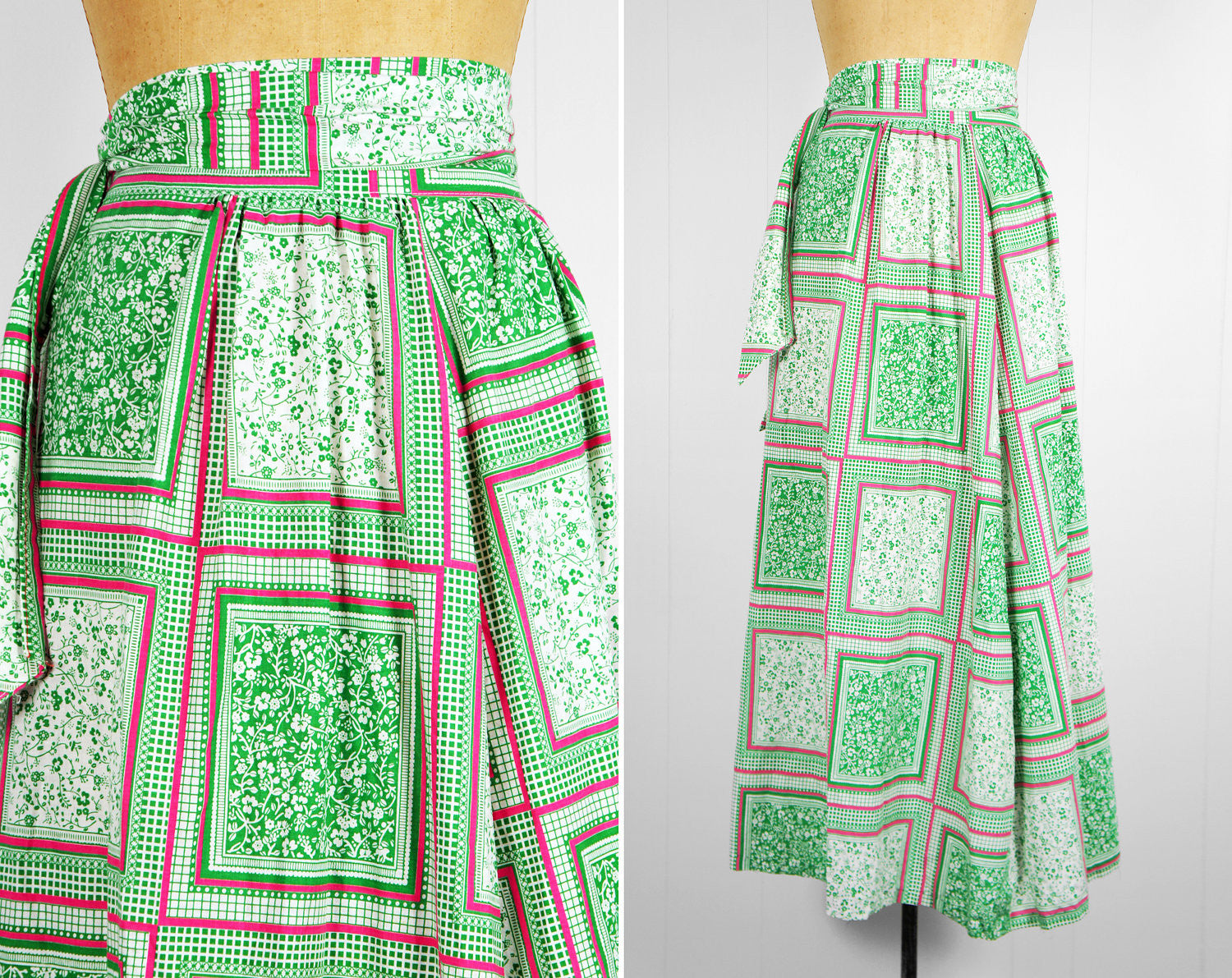 1970's Pink & Green Floral Wrap Skirt - Size M