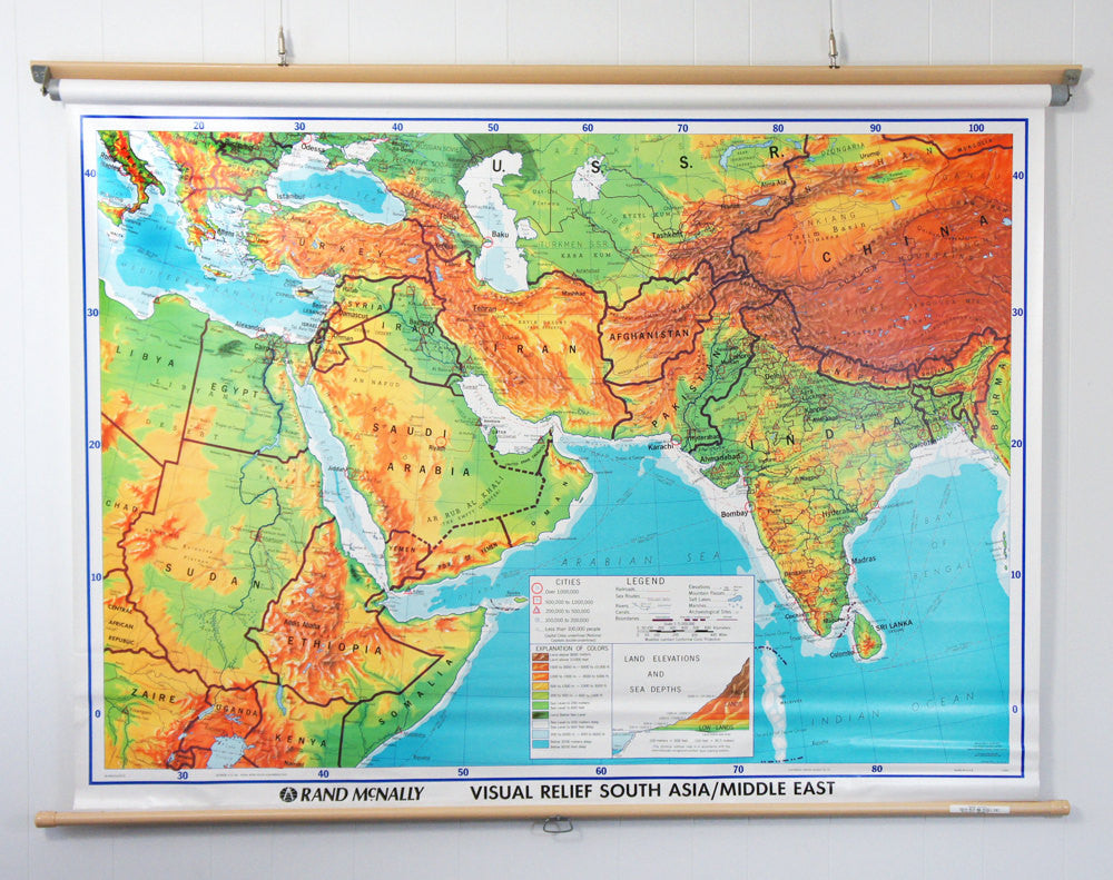 1980's South Asia & Middle East Pull Down Classroom Map