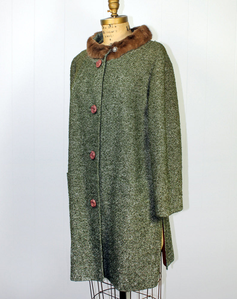 1960's Green Tweed Coat with Fur Trim Collar - Size L / XL
