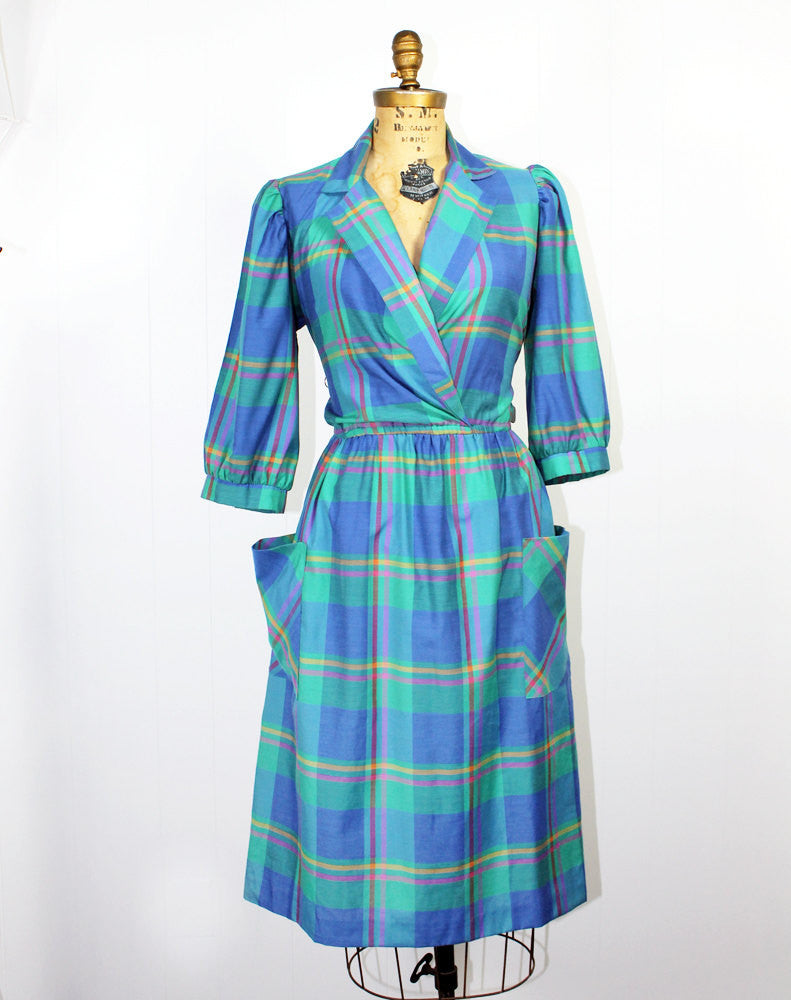 Plaid Teal Cropped Sleeve Secretary Dress - Size L