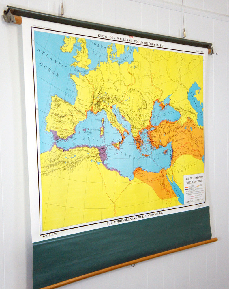 1980's Mediterranean World Pull Down Classroom Map