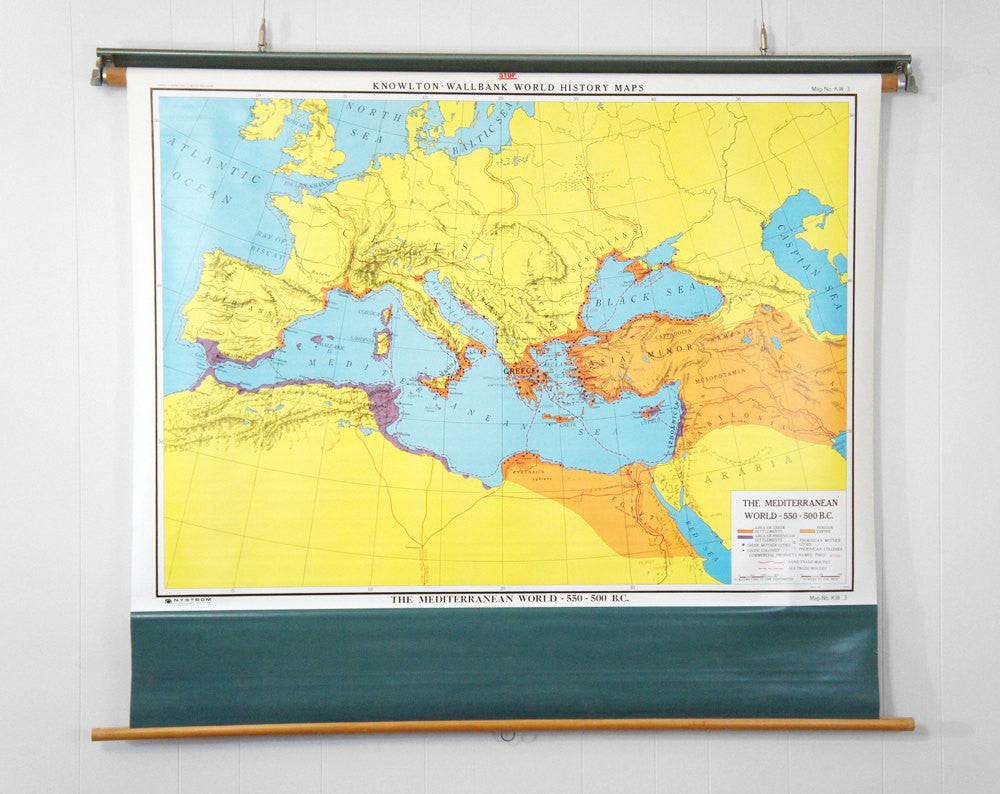 1980's Mediterranean World Pull Down Classroom Map