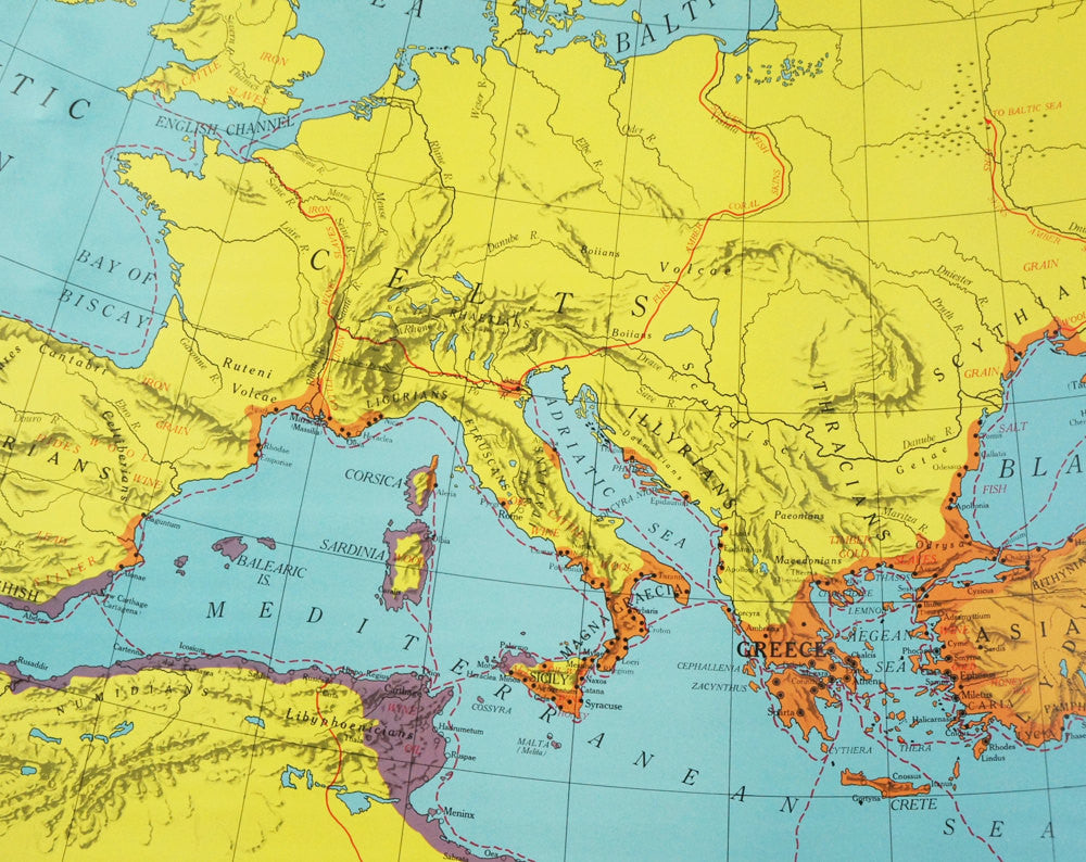 1980's Mediterranean World Pull Down Classroom Map