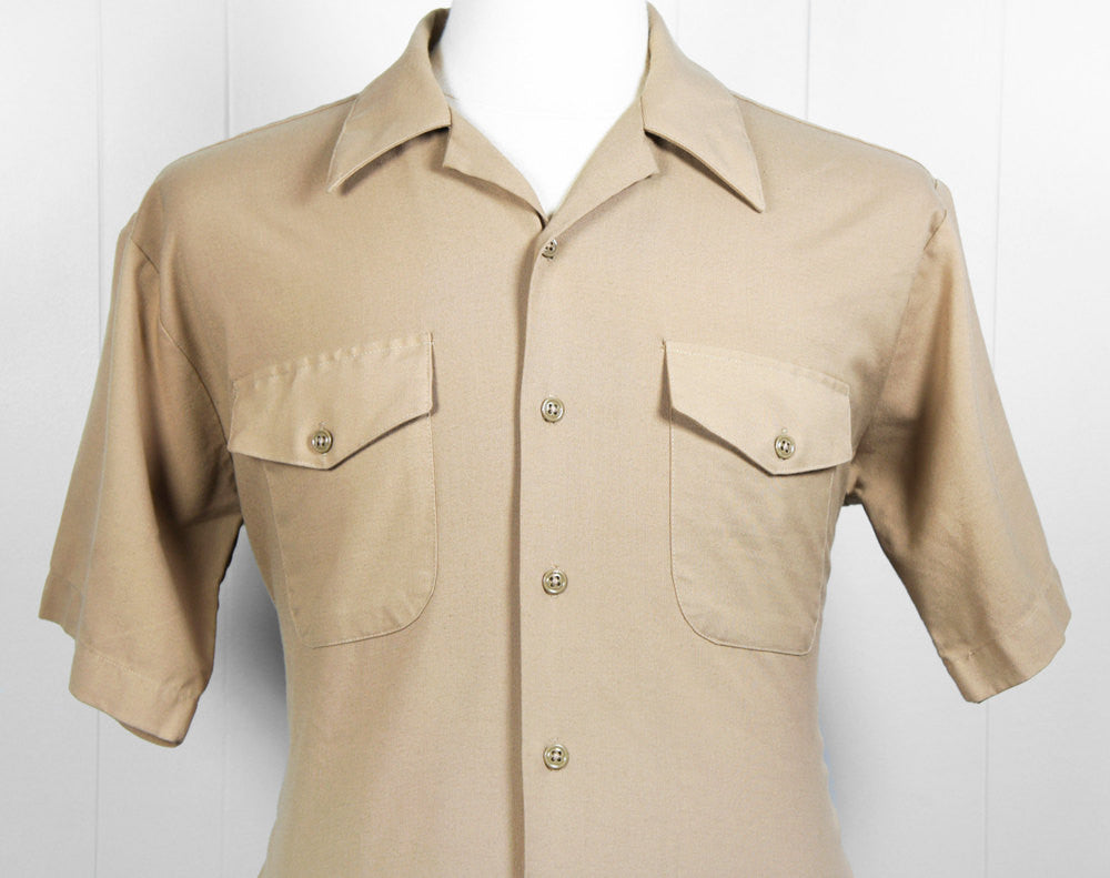 1960's Tan Button Up Work Shirt - Short Sleeve, Size L