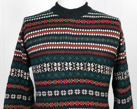 1960's Green, Red, Black & Beige Nordic Sweater, Size L