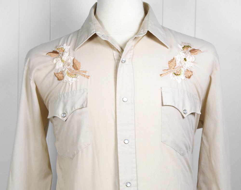 Beige Western Pearl Snap Shirt w/ Floral Yoke - Size L