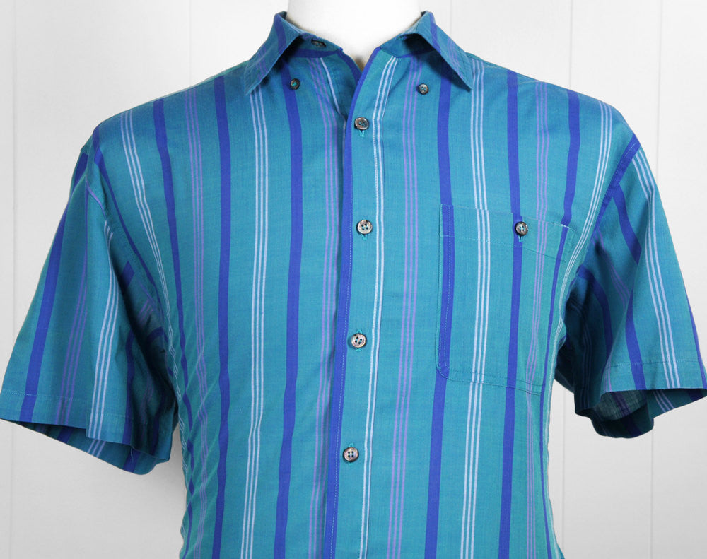 1980's Blue & Teal Striped Button Up Shirt - Size L