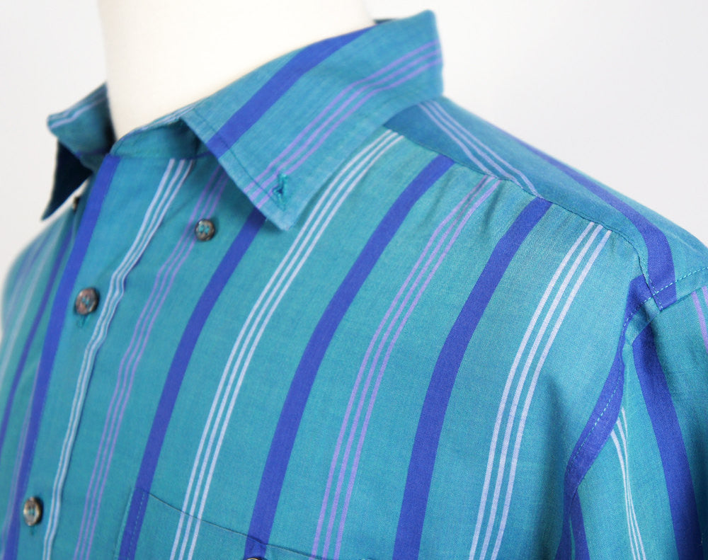 1980's Blue & Teal Striped Button Up Shirt - Size L