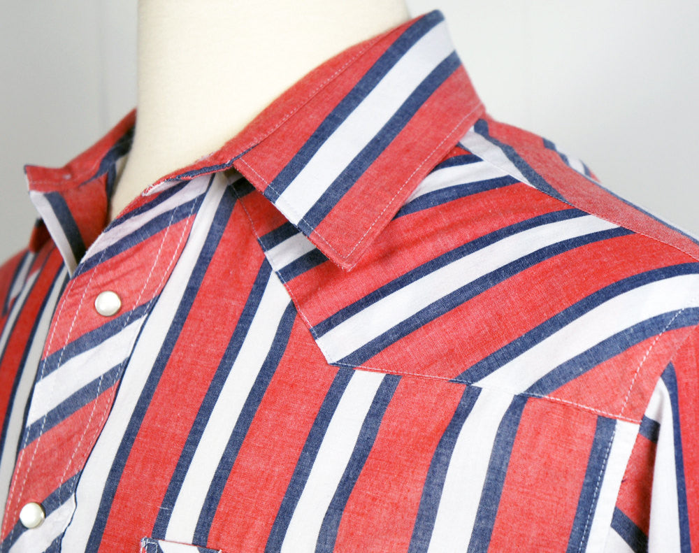 Vintage Blue and Red Stripe Long Sleeve Pearl Snap