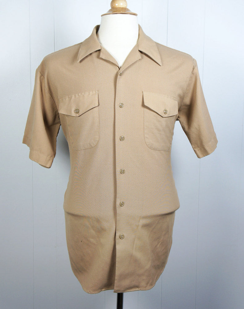 1960's Tan Button Up Work Shirt - Short Sleeve, Size L