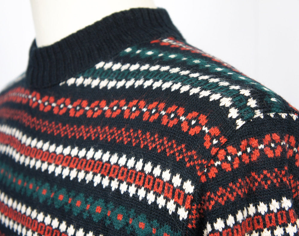 1960's Green, Red, Black & Beige Nordic Sweater, Size L