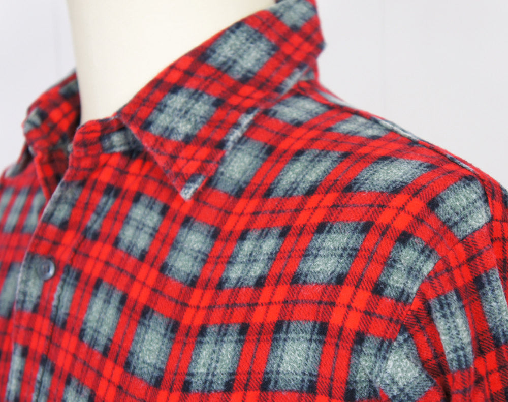 1980's Red & Gray Striped Flannel Shirt - Size L