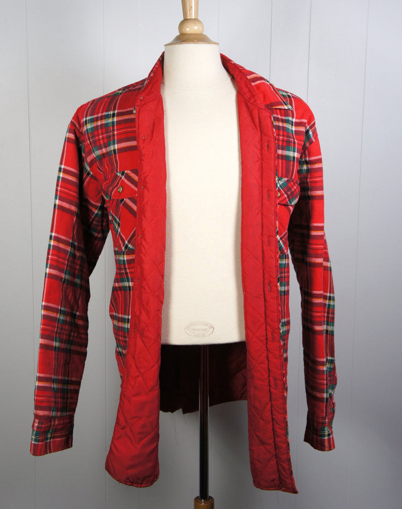 Red, Green, Black & White Striped Flannel Shirt Jacket -  Size XL