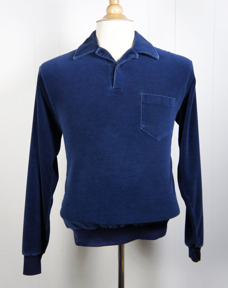 1970's Blue Velour Shirt - Long Sleeve, Size M