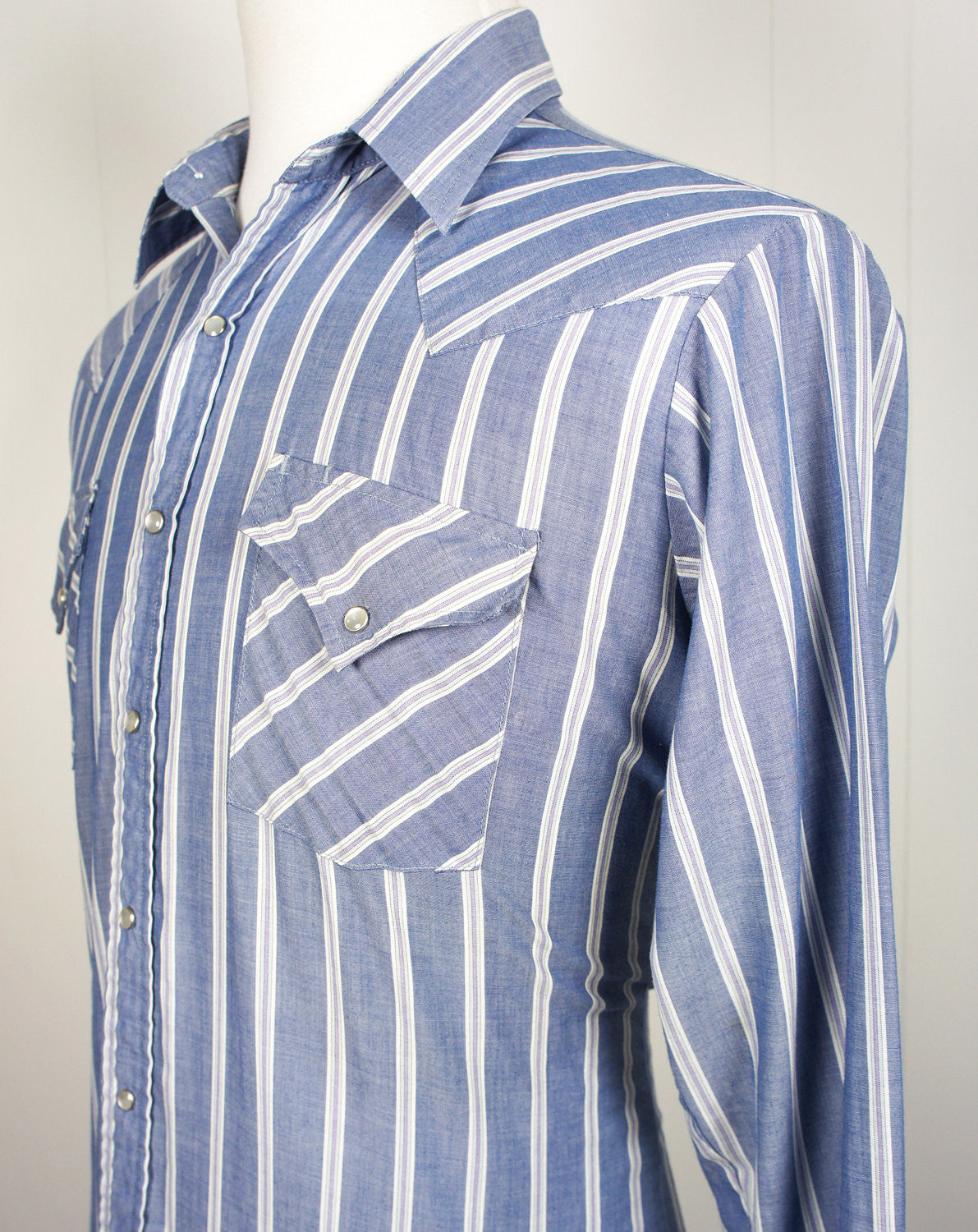 Denim Blue Striped Western Pearl Snap Shirt - Size L