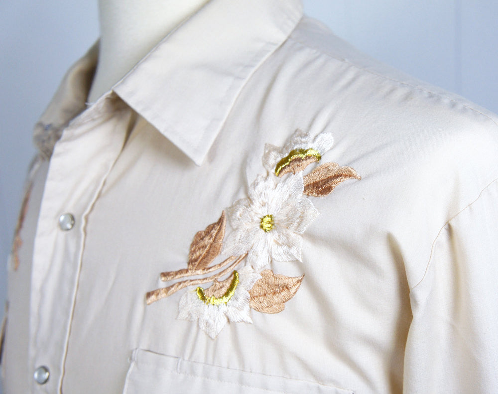 Beige Western Pearl Snap Shirt w/ Floral Yoke - Size L