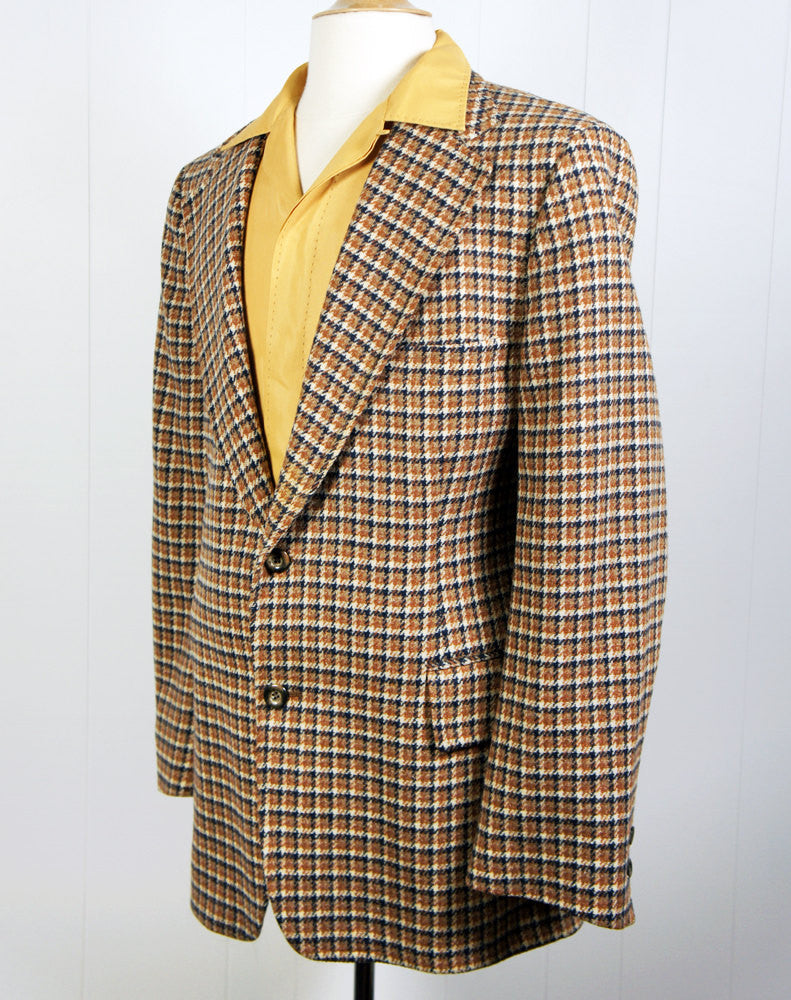 1970's Brown & Navy Blue Houndstooth Blazer, Size L