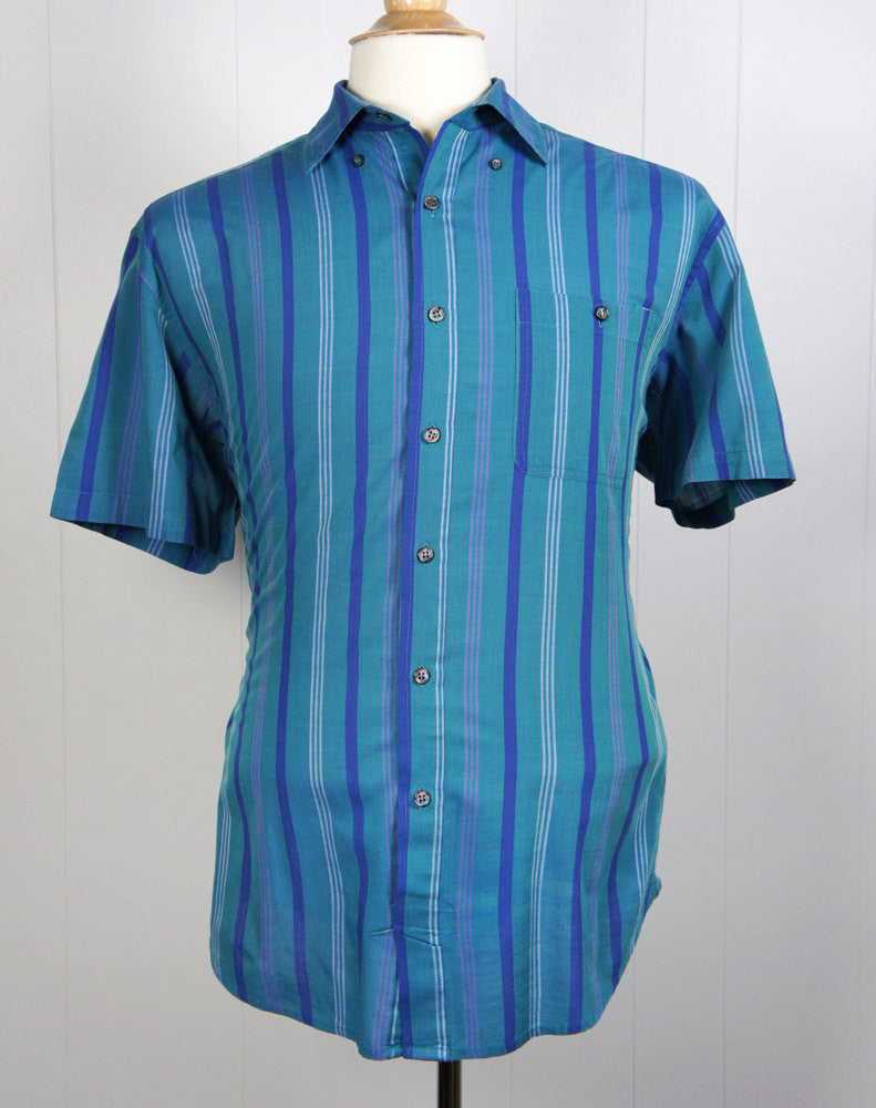 1980's Blue & Teal Striped Button Up Shirt - Size L