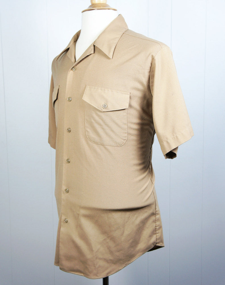 1960's Tan Button Up Work Shirt - Short Sleeve, Size L