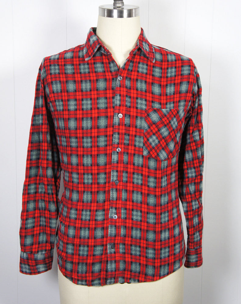 1980's Red & Gray Striped Flannel Shirt - Size L