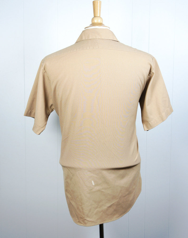 1960's Tan Button Up Work Shirt - Short Sleeve, Size L