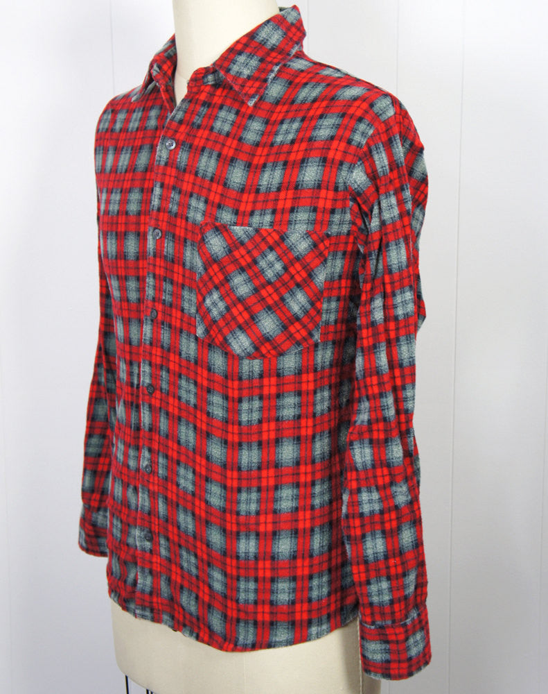 1980's Red & Gray Striped Flannel Shirt - Size L