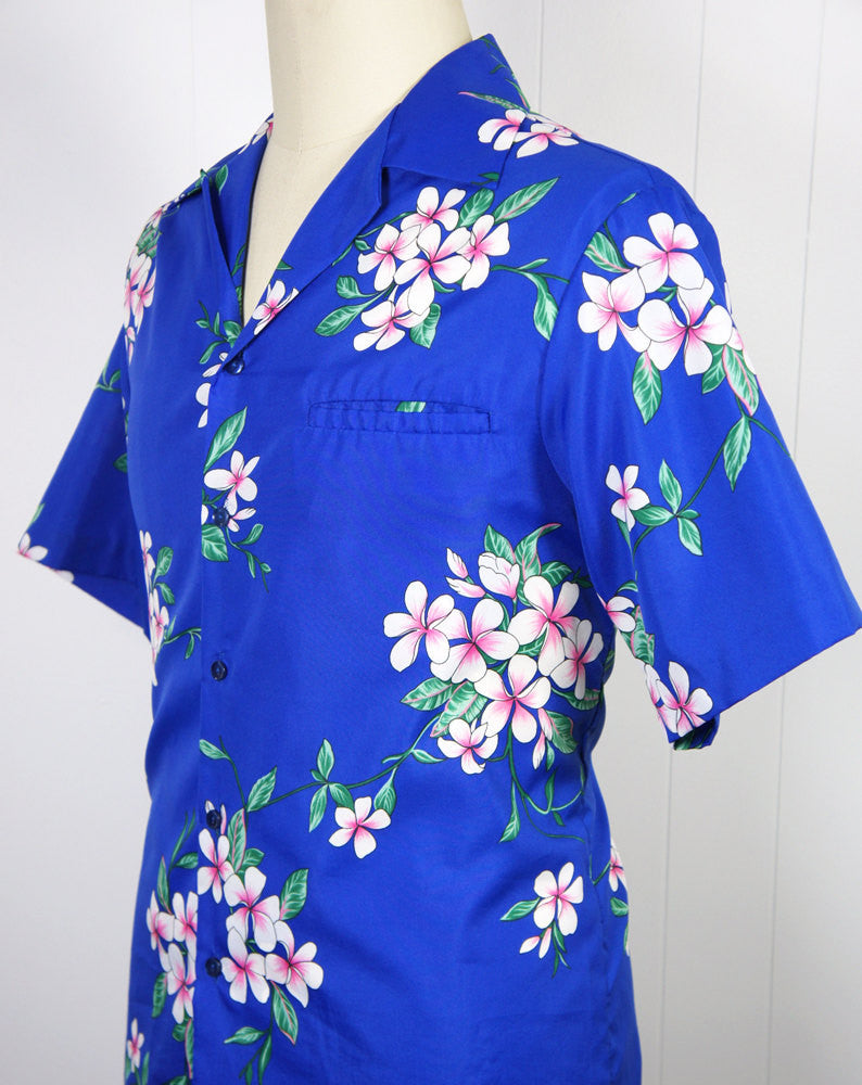 1970's Blue Hawaiian Shirt w/ Floral Print - Size L