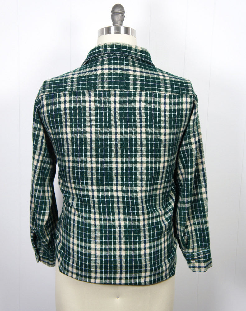 1970's Forest Green Striped Plaid Flannel Shirt - Size XL